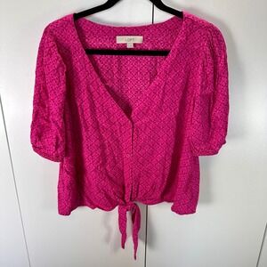 LOFT Pink Floral Tie Front Top Blouse Puff‎ Sleeve Women's Size M